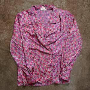 Tess Paris Milano Vintage 80s Satin Paisley Wrap Blouse Pink Purple Women's 6